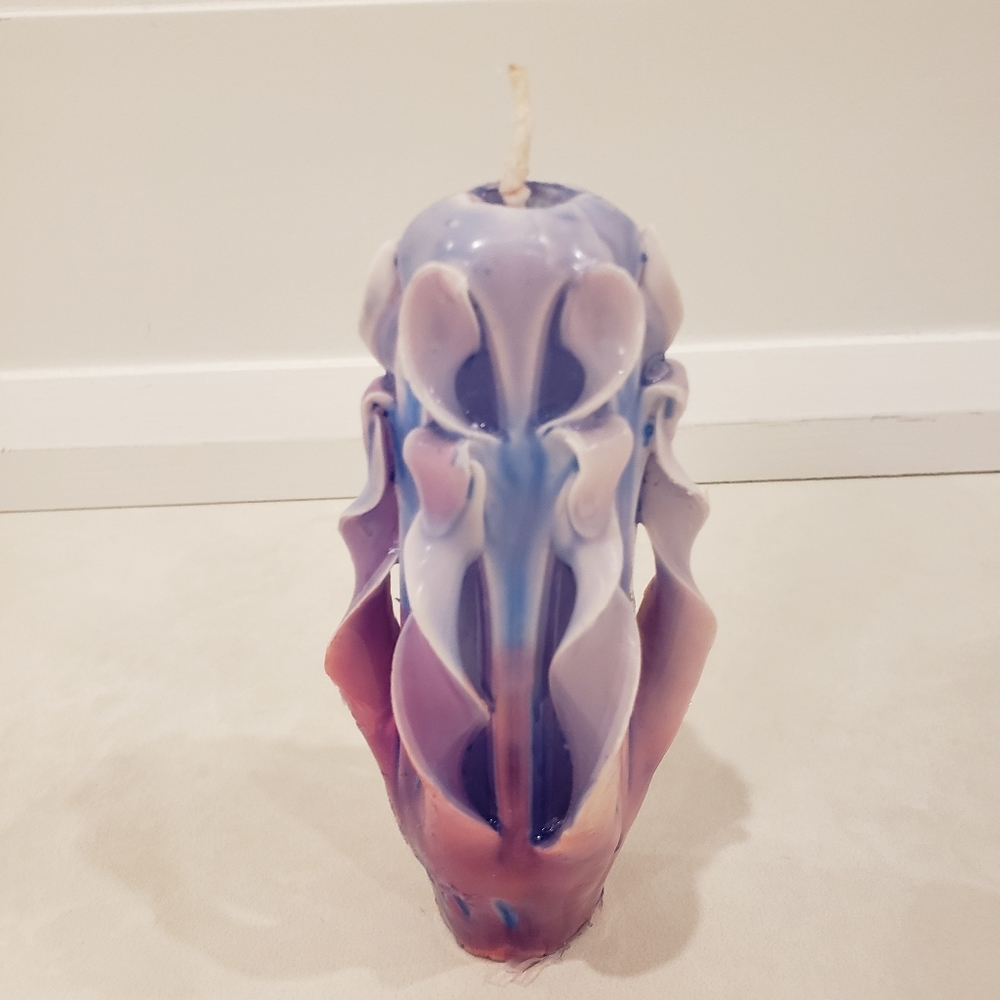 Hand carved purple, pink and blue candle carved in Hawaii